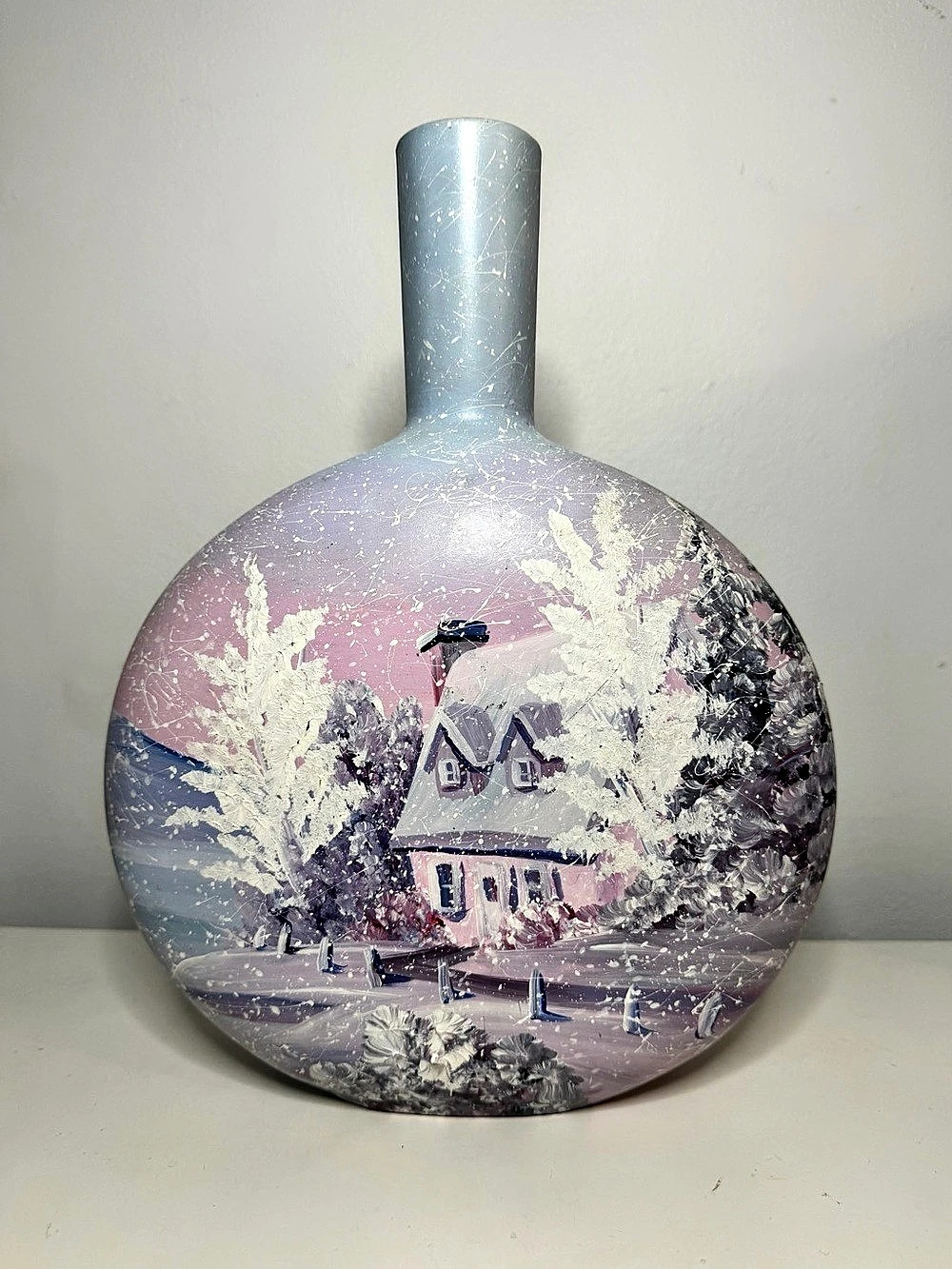 1980s Signed Tifo Quebec Hand-Painted Winter Landscape Vase - large 12"